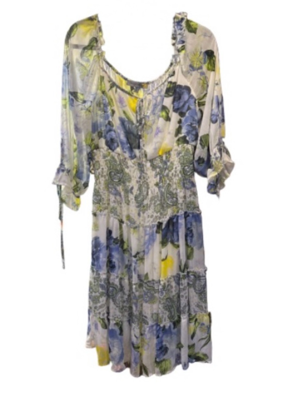 Figueroa & flower Floral Tiered Long-Sleeve Midi Dress in Blue, Yellow & Cream